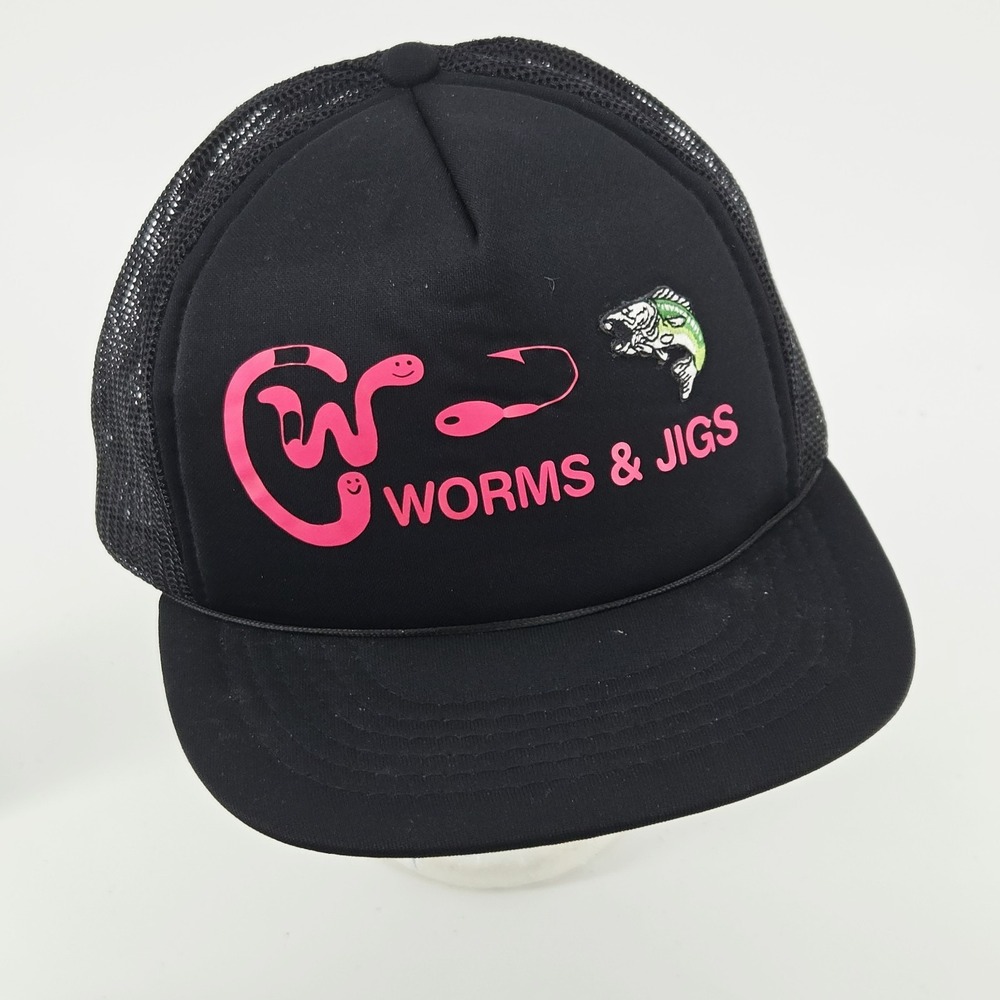 Worms & Jigs Trucker Rope Vintage Mesh Back Snapback Hat Black Retro Fishing